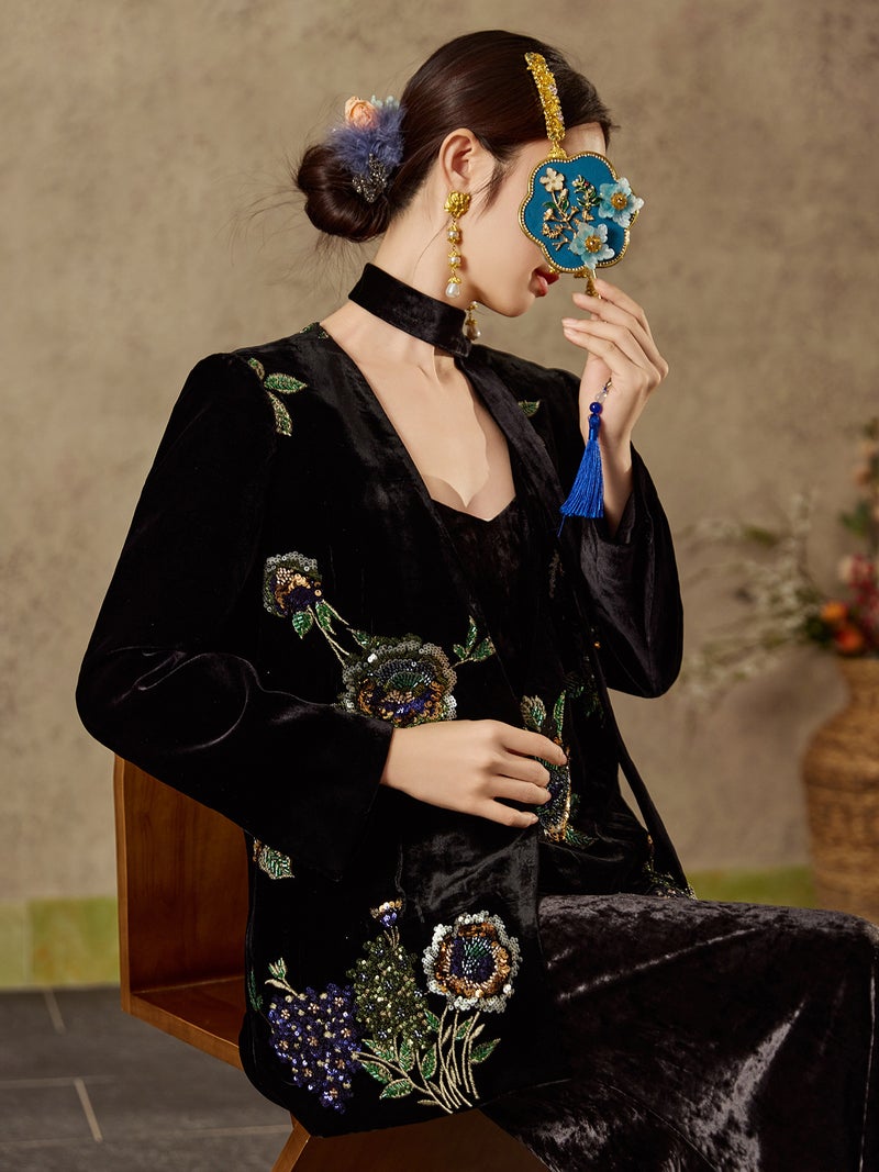 Yailla New Versatile Chinese Style High-End Velvet Top for Autumn and Winter Sequined Embroidery Mulberry Silk Design Elegant and Sophisticated Women'S Coat Niche Design Tang Coat Suit - Image 2